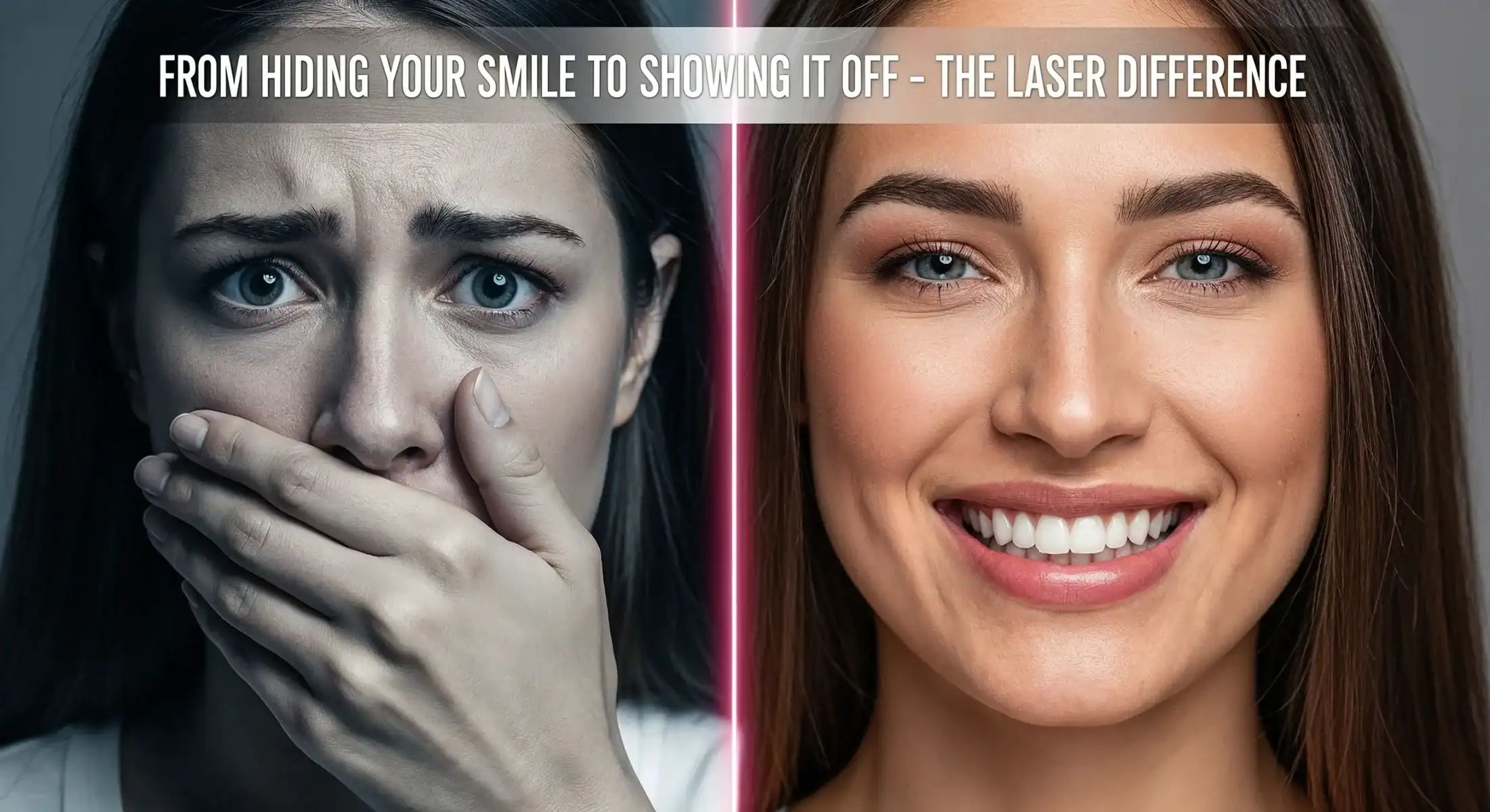 Woman before and after laser gum surgery for periodontal disease treatment.