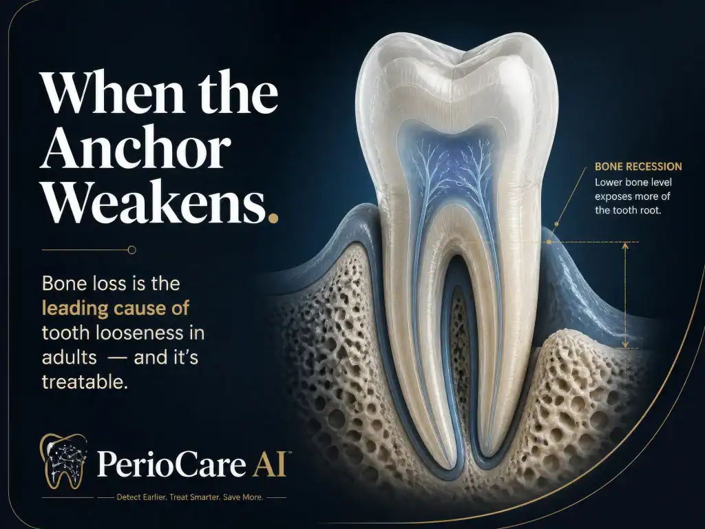 Healthy gum and tooth illustration highlighting gum recession and bone loss for periodontal health a.