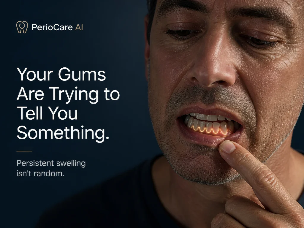 Sensitive teeth and gum recession warning with PerioCare AI technology for dental health.