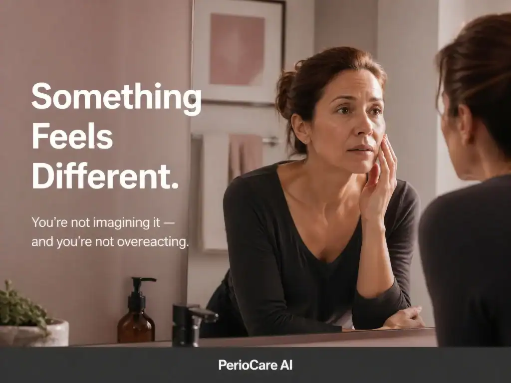 Woman experiencing gum pain, seeking periodontal care AI diagnosis assistance.
