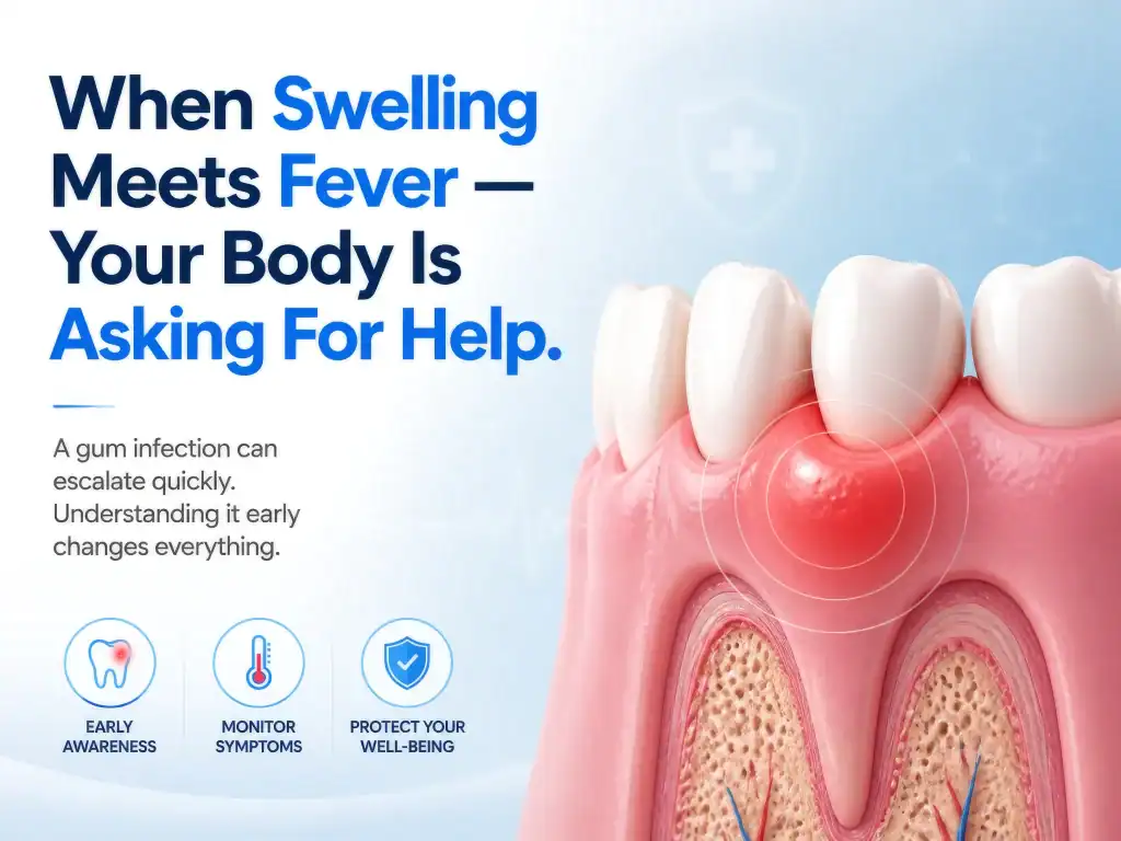 Swollen gums and fever indicating possible periodontal infection and inflammation.