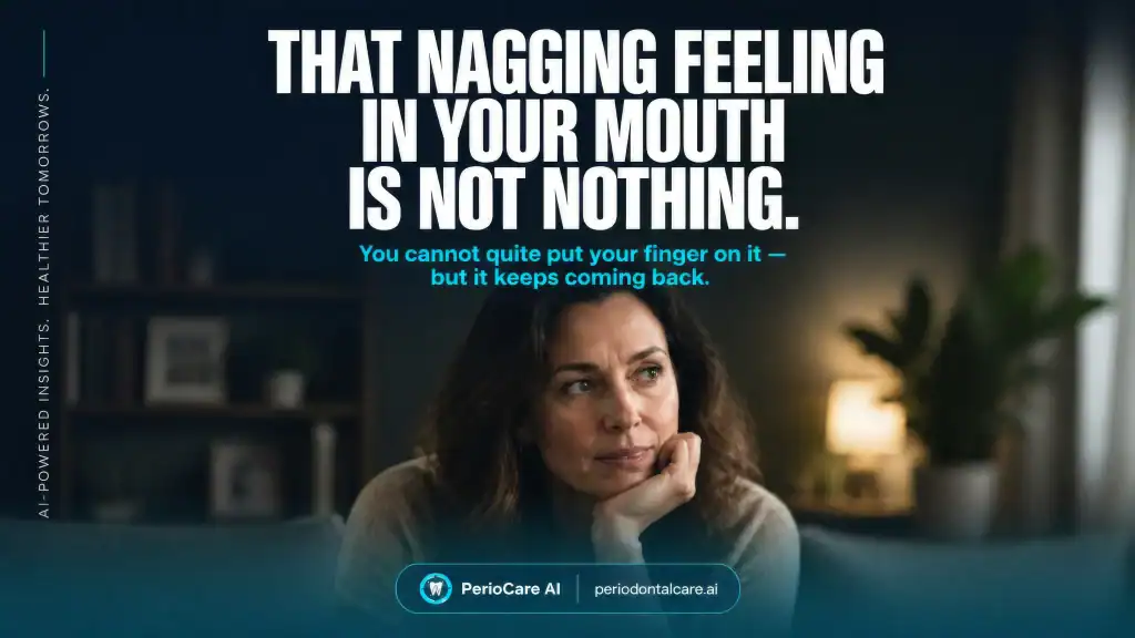 Woman experiencing mouth discomfort, highlighting periodontal health issues.