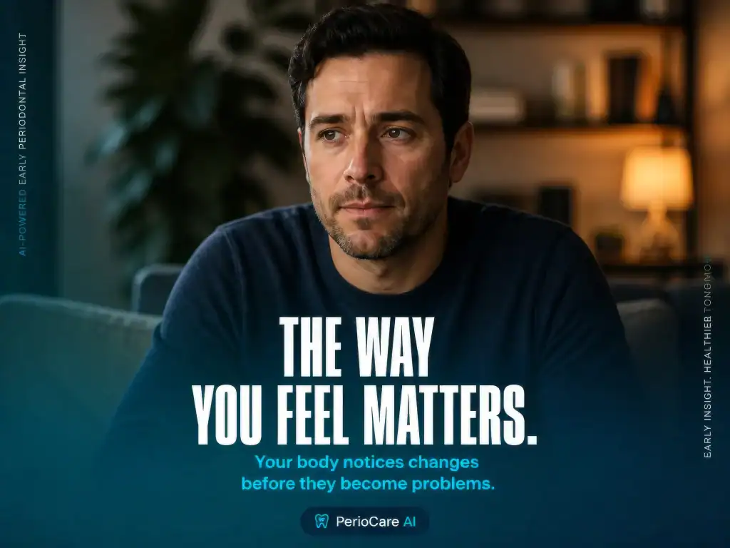 Man contemplating dental health with PerioCare AI for early periodontal disease detection.