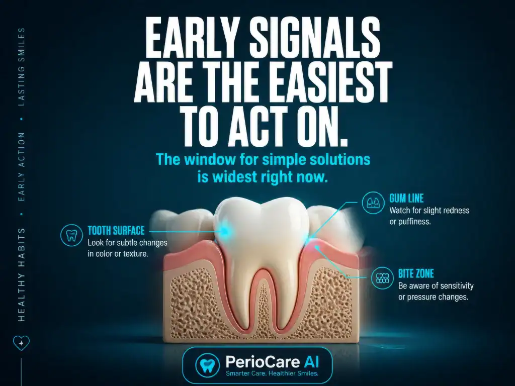 Illustration of early gum disease signs including gum line, tooth surface, and bite zone.