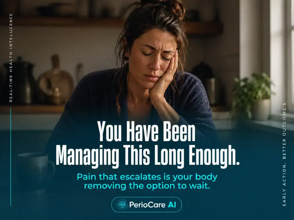 Woman experiencing dental pain, managing periodontal health with AI support.