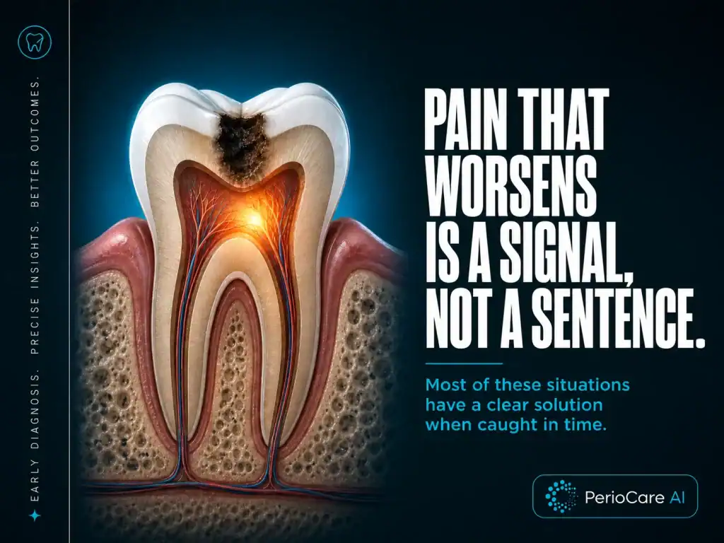 Cross-section of a tooth showing decay and infection, highlighting dental pain signals.