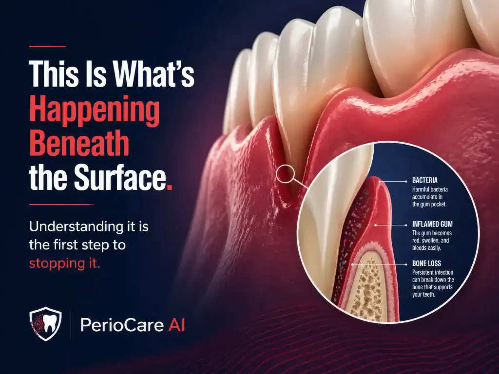 Healthy gums and teeth with bacterial buildup and inflammation highlighted in a dental diagram.