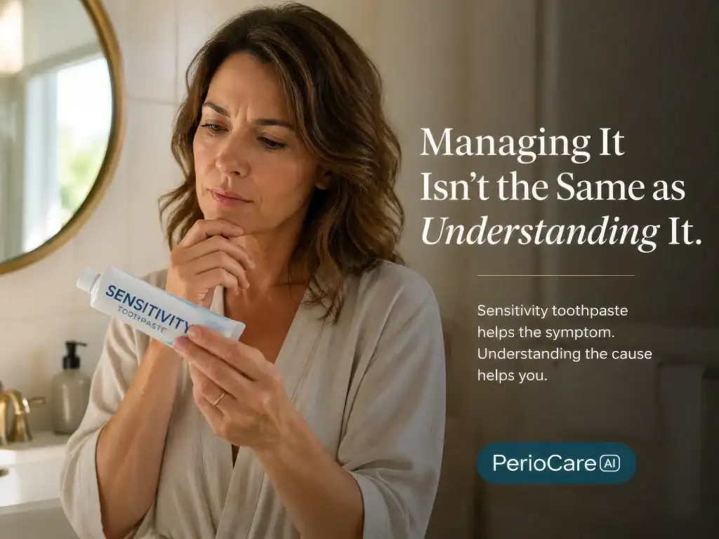Woman examining sensitivity toothpaste for gum health issues at home.