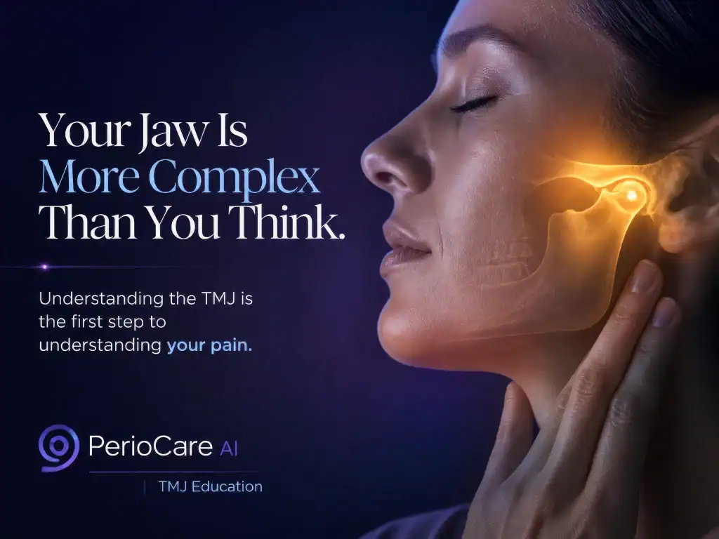 Painful jaw discomfort indicating TMJ issues, with a focus on periodontal health and AI diagnostics.
