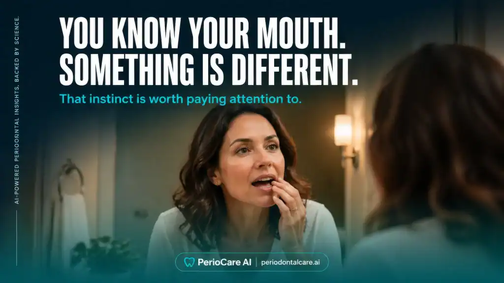 Woman examining her mouth, dental health awareness.